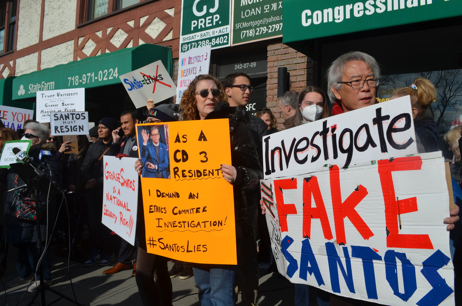 Community members of New York’s 3rd Congressional District rallied outside of U.S. Rep. George Santos’ district office in Douglaston, Queens on Jan. 7. Many showed up with handmade signs to express their disdain for the congressman.
